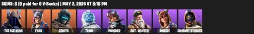 [PC/PSN/XBOX] | 8 skins | The Ice King | Lynx | Zenith | Trog | Powder | Sgt. Winter | Onesie | Summit Striker | Ice Scepter | Scorcher | Scratchmark | Full Access