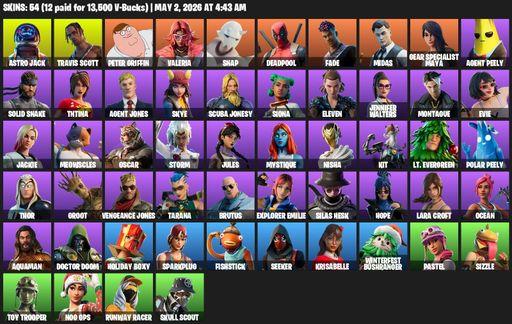 [PC/PSN/XBOX] | 54 skins | Travis Scott | Lara Croft | Astro Jack | Peter Griffin | Valeria | Snap | Deadpool | Fade | Midas | Gear Specialist Maya | Full Access