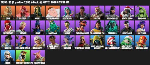 [PC/PSN/XBOX] | 33 skins | 750 V-bucks | Zeus | Valeria | Hades | Peter Griffin | Katalina | Rust | Oscar | Solid Snake | Santa Dogg | Peabody | Full Access