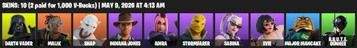 [PC/PSN/XBOX] | 10 skins | 750 V-bucks | Darth Vader | Malik | Snap | Indiana Jones | Adira | Stormfarer | Sabina | Evie | Major Mancake | Full Access