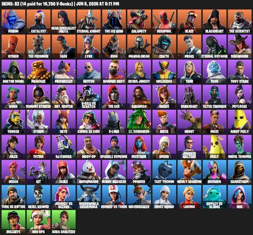 [PC/PSN/XBOX] | 83 skins | 950 V-bucks | Reaper Axe | Fusion | Catalyst | Gear Specialist Maya | Eternal Knight | The Ice King | Calamity | Deadpool | Full Access