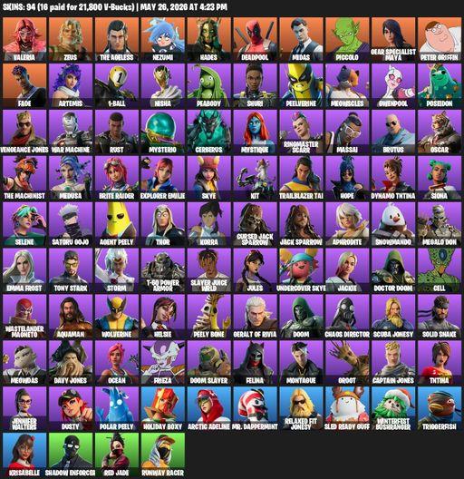 [PC/PSN] | 94 skins | Valeria | Zeus | The Ageless | Nezumi | Hades | Deadpool | Midas | Piccolo | Gear Specialist Maya | Peter Griffin | Fade | Full Access