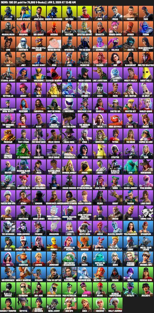 [PC/XBOX] | 198 skins | 1000 V-bucks | Leviathan Axe | Lara Croft | Trilogy | Cloud Striker | John Wick | Carbon Commando | Sultura | Prodigy | Hime | Full Access