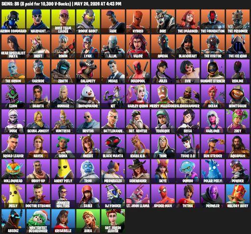 [PC/PSN/XBOX] | 85 skins | 1900 V-bucks | OG STW | Omega | Reaper Axe | Carbon Commando | Warpaint | Rose Team Leader | Rogue Agent | Fade | Hybrid | Full Access