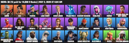 [PC/XBOX] | 30 skins | 600 V-bucks | Leviathan Axe | Lara Croft | Ronin | Raz | Tarana | Agent Jones | Polar Peely | Fashion Banshee | Harlowe | Gumbo | Full Access
