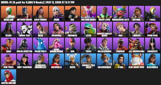 [PC/PSN/XBOX] | 41 skins | 800 V-bucks | Backlash | Optimus Prime | Kado Thorne | Torin | Era | The Cube Queen | Khaby Lame | Undercover Skye | Full Access