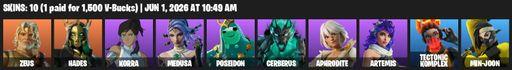 [PC/PSN/XBOX] | 10 skins | 1750 V-bucks | Zeus | Hades | Korra | Medusa | Poseidon | Cerberus | Aphrodite | Artemis | Tectonic Komplex | Min-joon | Full Access