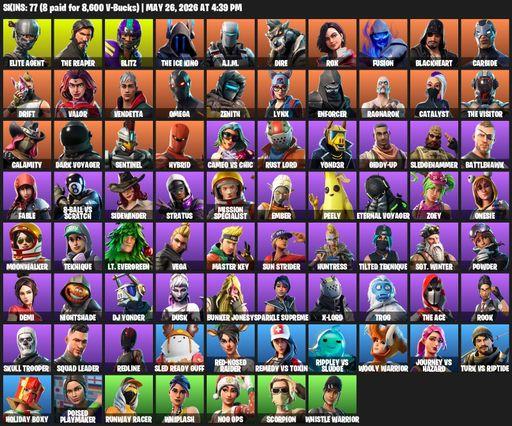 [PC] | 77 skins | Take The L | The Reaper | Elite Agent | Omega | Blitz | The Ice King | A.I.M. | Dire | Rox | Fusion | Blackheart | Carbide | Drift | Full Access