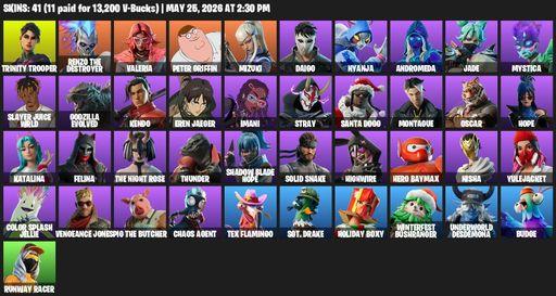 [PC/PSN/XBOX] | 41 skins | Trinity Trooper | Renzo the Destroyer | Valeria | Peter Griffin | Mizuki | Daigo | Nyanja | Andromeda | Jade | Mystica | Full Access