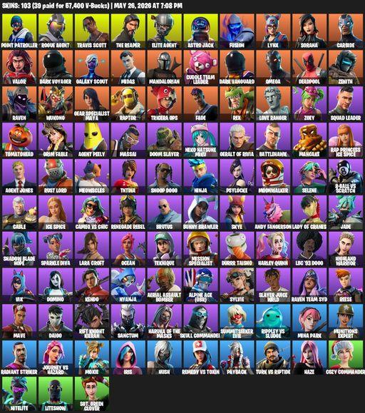 [PC/XBOX] | 103 skins | 1200 V-bucks | Take The L | Travis Scott | The Reaper | Elite Agent | Omega | Lara Croft | Point Patroller | Rogue Agent | Full Access