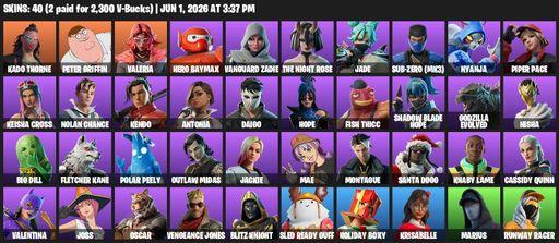 [PC/PSN/XBOX] | 40 skins | 800 V-bucks | Kado Thorne | Peter Griffin | Valeria | Hero Baymax | Vanguard Zadie | The Night Rose | Jade | Sub-Zero (MK3) | Full Access