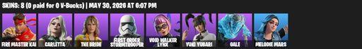 [PC/PSN] | 8 skins | FIRE Master Kai | Carletta | The Bride | First Order Stormtrooper | Void Walker Lynx | Yuki Yubari | Gale | Melodie Mars | Full Access