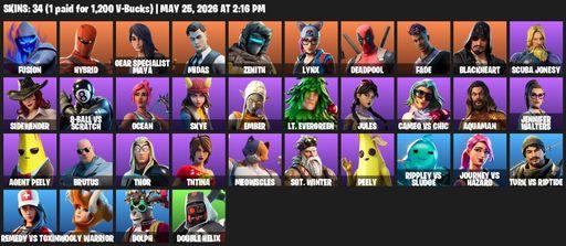 [PC/PSN/XBOX] | 34 skins | Fusion | Hybrid | Gear Specialist Maya | Midas | Zenith | Lynx | Deadpool | Fade | Blackheart | Scuba Jonesy | Sidewinder | Full Access