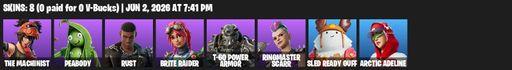 [PC/PSN/XBOX] | 8 skins | The Machinist | Peabody | Rust | Brite Raider | T-60 Power Armor | Ringmaster Scarr | Sled Ready Guff | Arctic Adeline | Full Access