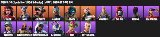 [PC/XBOX] | 16 skins | Valor | Lynx | Calamity | Carbide | Zenith | Drift | Huntress | The Ace | Redline | Sun Strider | Teknique | Sledgehammer | Full Access