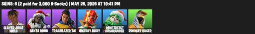 [PC/PSN/XBOX] | 6 skins | 500 V-bucks | Slayer Juice WRLD | Santa Dogg | Trailblazer Tai | Holiday Boxy | Winterfest Bushranger | Runway Racer | Full Access