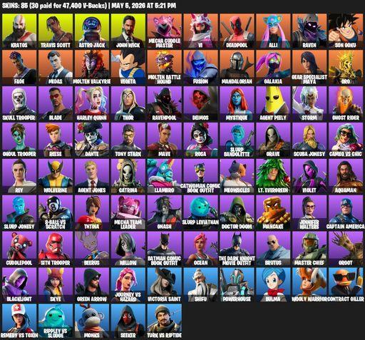 [PC/PSN/XBOX] | 85 skins | 11650 V-bucks | Travis Scott | Kratos | Astro Jack | John Wick | Mecha Cuddle Master | Vi | Deadpool | Alli | Raven | Full Access