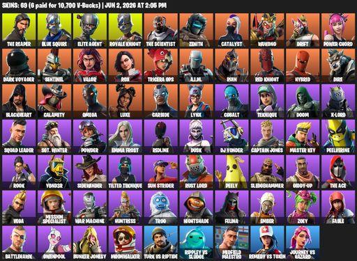 [PC/PSN/XBOX] | 69 skins | 800 V-bucks | Take The L | Royale Knight | The Reaper | Elite Agent | Blue Squire | Omega | Reaper Axe | The Scientist | Full Access