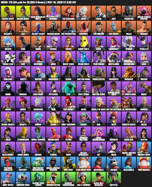 [PC/PSN/XBOX] | 118 skins | 650 V-bucks | Aerial Assault Trooper | Travis Scott | Lara Croft | Major Glory | Gear Specialist Maya | Kymera | Full Access