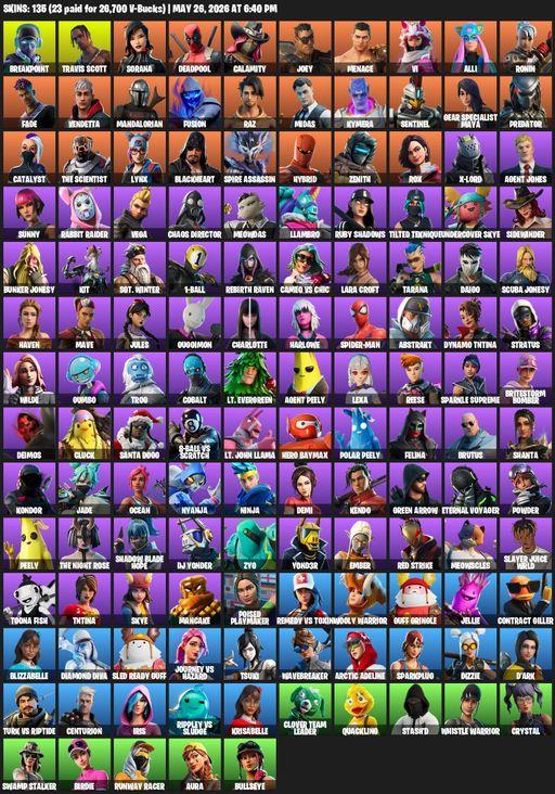 [PC/PSN] | 135 skins | 900 V-bucks | Travis Scott | Lara Croft | Breakpoint | Sorana | Deadpool | Calamity | Joey | Menace | Vi | Alli | Ronin | Fade | Full Access