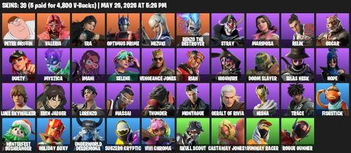 [PC/XBOX] | 39 skins | Peter Griffin | Valeria | Era | Optimus Prime | Mizuki | Renzo the Destroyer | Stray | Mariposa | Relik | Oscar | Dusty | Full Access