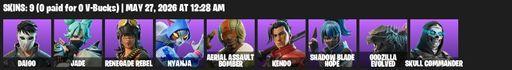 [PC/PSN/XBOX] | 9 skins | 600 V-bucks | Daigo | Jade | Renegade Rebel | Nyanja | Aerial Assault Bomber | Kendo | Shadow Blade Hope | Godzilla Evolved | Full Access