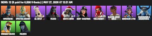 [PC/PSN/XBOX] | 12 skins | 850 V-bucks | Omegarok | Spectra Knight | Lil Split | Felina | Santa Dogg | Ruby Shadows | Yulejacket | Slayer Juice WRLD | Full Access