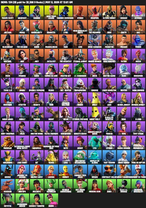 [PC/PSN/XBOX] | 134 skins | 500 V-bucks | Leviathan Axe | OG STW | Travis Scott | Lara Croft | Warpaint | Xander | Rose Team Leader | Carbon Commando | Full Access
