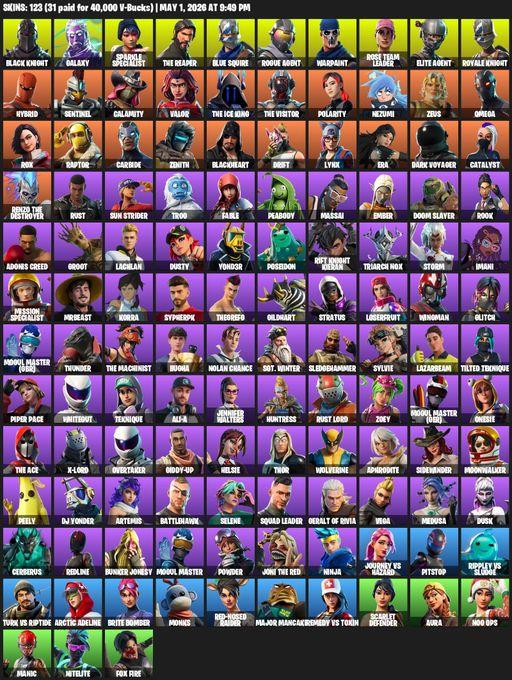 [PC/PSN/XBOX] | 123 skins | Floss | Take The L | OG STW | Black Knight | Galaxy | Sparkle Specialist | Royale Knight | The Reaper | Elite Agent | Full Access
