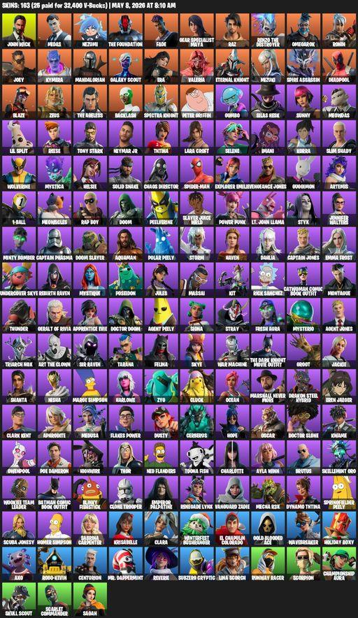 [PC/XBOX] | 163 skins | 2800 V-bucks | Lara Croft | Reaper Axe | John Wick | Midas | Nezumi | The Foundation | Fade | Gear Specialist Maya | Raz | Full Access