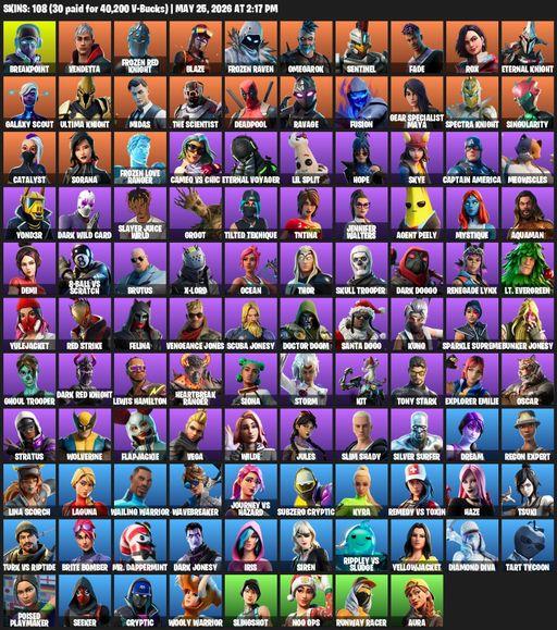[PC/XBOX] | 108 skins | Reaper Axe | Breakpoint | Vendetta | Frozen Red Knight | Blaze | Frozen Raven | Omegarok | Sentinel | Fade | Rox | Full Access