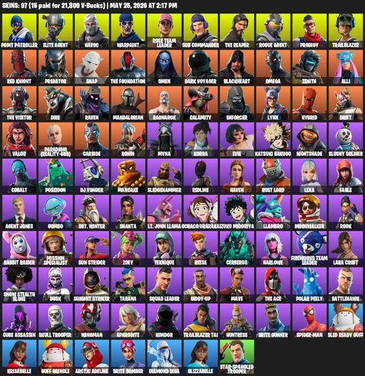 [PC] | 97 skins | Take The L | OG STW | The Reaper | Elite Agent | Omega | Lara Croft | Point Patroller | Havoc | Warpaint | Rose Team Leader | Full Access