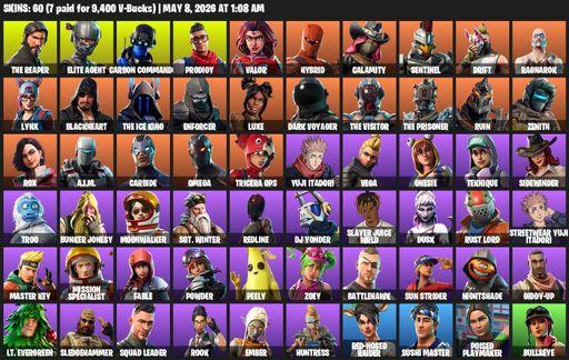 [PC/XBOX] | 60 skins | Take The L | The Reaper | Elite Agent | Omega | Carbon Commando | Prodigy | Valor | Hybrid | Calamity | Sentinel | Drift | Full Access