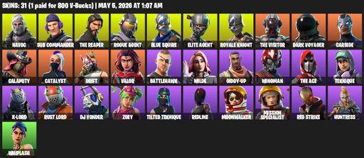 [PC/PSN/XBOX] | 31 skins | 650 V-bucks | Take The L | Royale Knight | The Reaper | Elite Agent | Blue Squire | Havoc | Sub Commander | Rogue Agent | Full Access