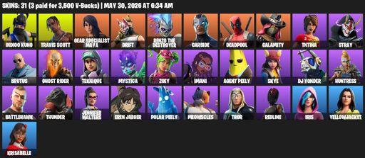 [PC/PSN] | 31 skins | Travis Scott | Indigo Kuno | Gear Specialist Maya | Drift | Renzo the Destroyer | Carbide | Deadpool | Calamity | TNTina | Stray | Full Access