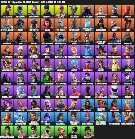 [PC/PSN/XBOX] | 97 skins | 900 V-bucks | Leviathan Axe | Merry Mint Axe | Take The L | OG STW | The Reaper | Elite Agent | Omega | Breakpoint | Full Access
