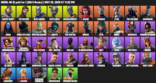 [PC/PSN/XBOX] | 45 skins | Take The L | Royale Knight | The Reaper | Elite Agent | Blue Squire | Omega | Rogue Agent | Valor | Carbide | Lynx | Full Access