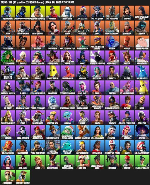 [PC/XBOX] | 112 skins | Reaper Axe | Breakpoint | Carbon Commando | Royale Bomber | Prodigy | Frostbite | Catalyst | The Ice Queen | The Prisoner | Full Access