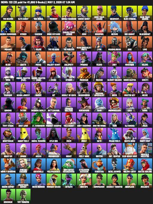 [PC/XBOX] | 122 skins | Leviathan Axe | Take The L | OG STW | The Reaper | Elite Agent | Neo Versa | Prodigy | World Warrior | Rogue Agent | Full Access