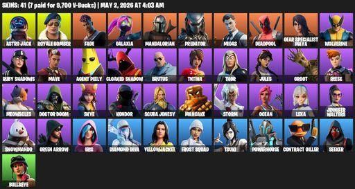[PC/PSN/XBOX] | 41 skins | Astro Jack | Royale Bomber | Fade | Galaxia | Mandalorian | Predator | Midas | Deadpool | Gear Specialist Maya | Wolverine | Full Access