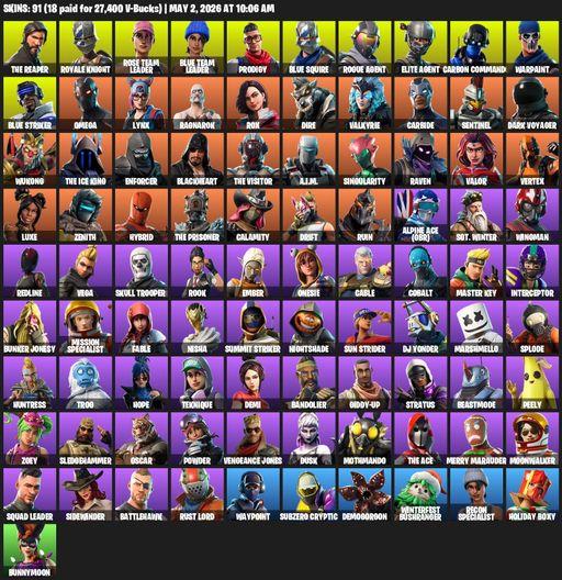 [PC/PSN/XBOX] | 91 skins | Take The L | OG STW | Royale Knight | The Reaper | Elite Agent | Blue Squire | Omega | Rose Team Leader | Blue Team Leader | Full Access