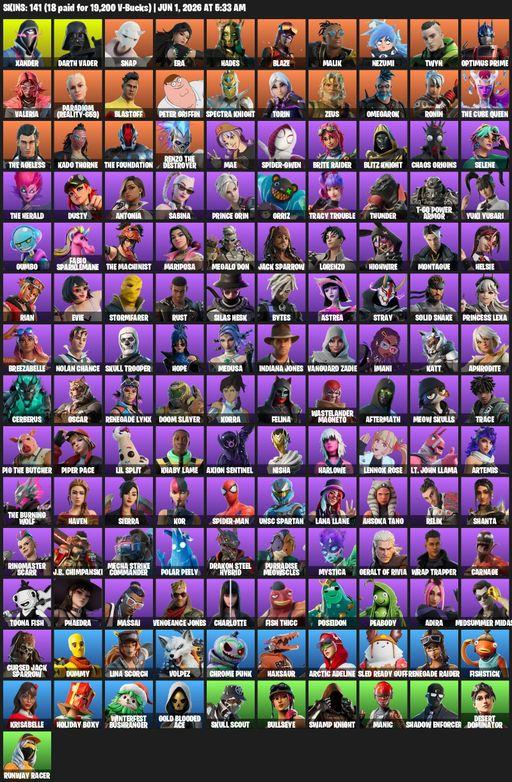 [PC/XBOX] | 141 skins | Renegade Raider | Reaper Axe | Xander | Darth Vader | Snap | Era | Hades | Blaze | Malik | Nezumi | Twyn | Optimus Prime | Full Access