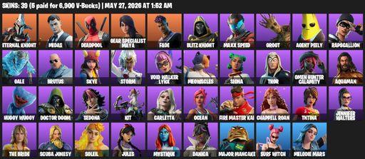 [PC/PSN] | 39 skins | Eternal Knight | Midas | Deadpool | Gear Specialist Maya | Fade | Blitz Knight | Maxx Speed | Groot | Agent Peely | Rapscallion | Full Access