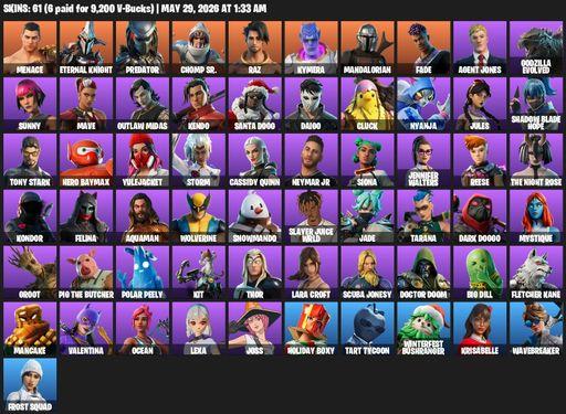[PC] | 61 skins | Lara Croft | Menace | Eternal Knight | Predator | Chomp Sr. | Raz | Kymera | Mandalorian | Fade | Agent Jones | Godzilla Evolved | Full Access