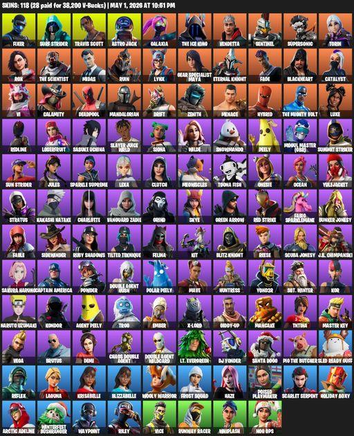 [PC/XBOX] | 118 skins | 500 V-bucks | Travis Scott | Fixer | Surf Strider | Astro Jack | Galaxia | The Ice King | Vendetta | Sentinel | Supersonic | Full Access
