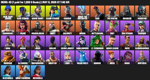 [PC/PSN/XBOX] | 43 skins | 600 V-bucks | Omega | Blue Team Leader | Blue Striker | Rogue Agent | Cloud Striker | Carbide | Renzo the Destroyer | Fade | Full Access