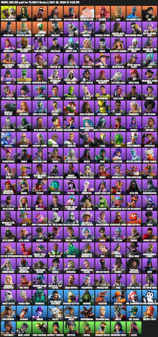 [PC] | 209 skins | Reaper Axe | Psycho Bandit | Hades | Blaze | Kado Thorne | Optimus Prime | Peter Griffin | Valeria | Zeus | The Mighty Volt | Era | Full Access