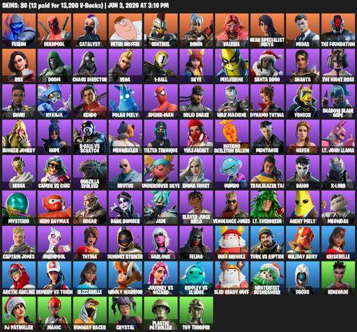 [PC/PSN/XBOX] | 86 skins | 1100 V-bucks | Fusion | Deadpool | Catalyst | Peter Griffin | Sentinel | Ronin | Valeria | Gear Specialist Maya | Midas | Full Access