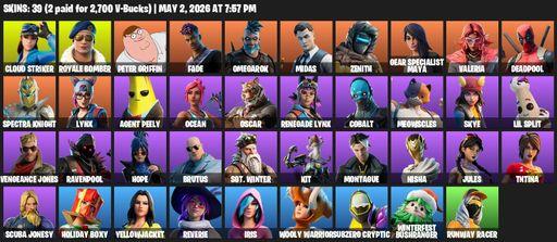 [PC/PSN/XBOX] | 39 skins | Cloud Striker | Royale Bomber | Peter Griffin | Fade | Omegarok | Midas | Zenith | Gear Specialist Maya | Valeria | Full Access