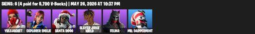 [PC/PSN/XBOX] | 6 skins | 700 V-bucks | Yulejacket | Explorer Emilie | Santa Dogg | Slayer Juice WRLD | Felina | Mr. Dappermint | Microbot Mallet | Full Access